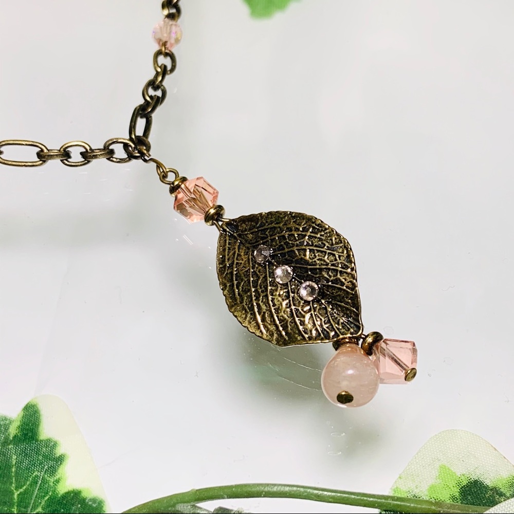 Gold Pink Leaf Fairy Feather Necklace New